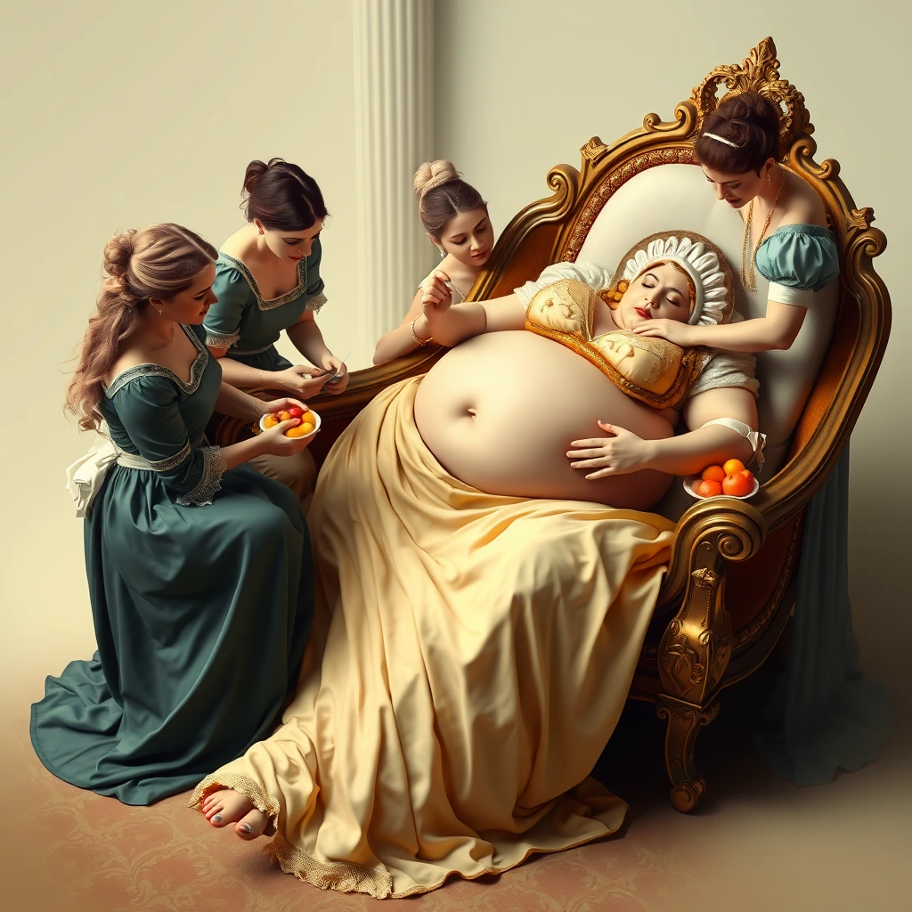 The plump and beautiful queen lies on a luxurious and exquisite chaise lounge, with her maidservants either massaging her large belly, feeding her fruits, manicuring her nails, or giving her a foot massage.