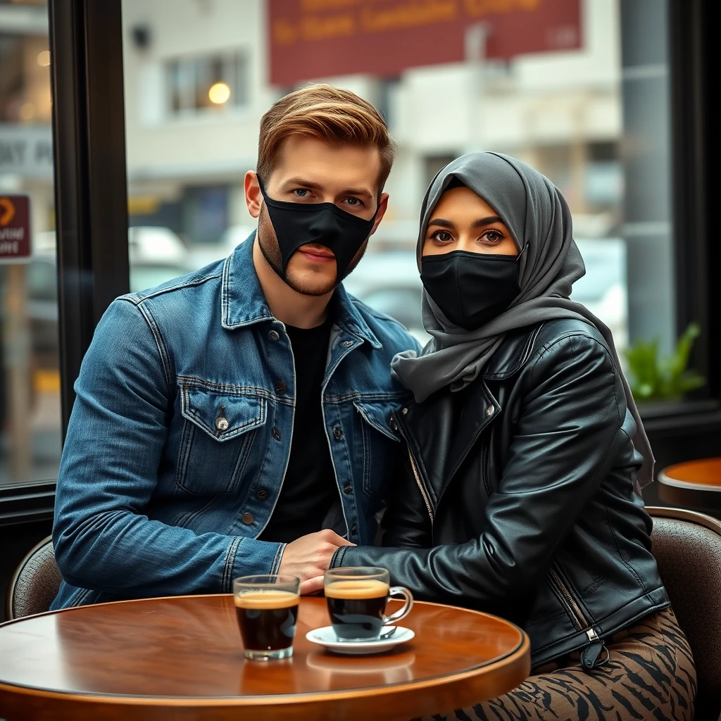 Jamie Dornan's head and body shot, handsome, face mask black, blue jeans jacket, jeans, dating with a grey hijab Muslim girl, beautiful eyes, face mask black, black leather jacket, biggest tiger pattern skirt, at a cafe, 2 cups of espresso on the table, photorealistic. - Image