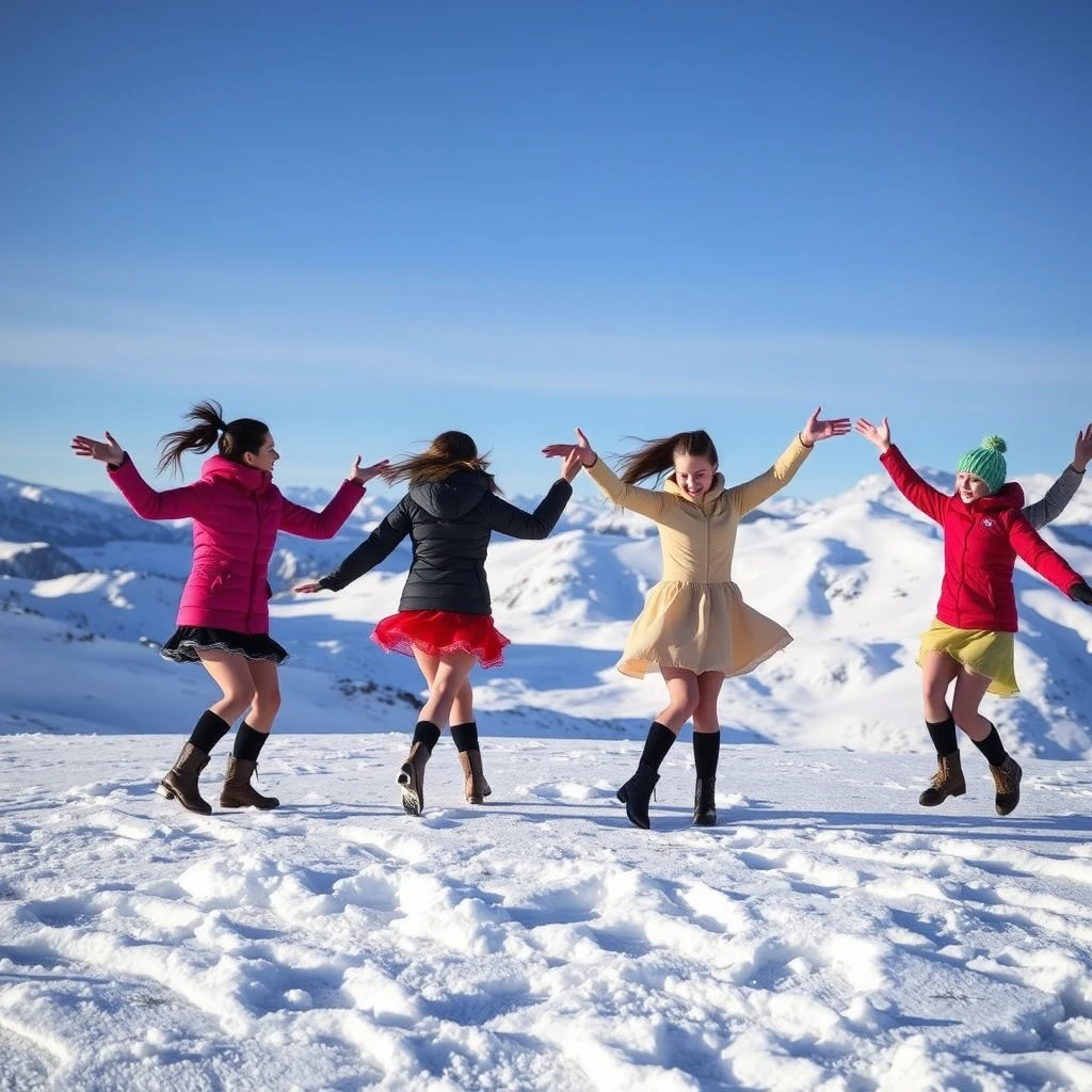 A group of girls dancing on a snowy mountain - Image