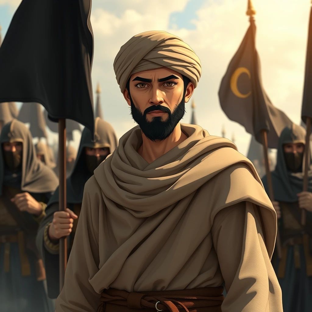 Full-view anime portrait of a young Muslim commander wearing modest biblically inspired cloak and turban, standing behind great Muslim warriors with a leader's expression. The medieval Muslim warriors are veiled and holding black banners, guarding him in open land. The theme of the movie is "The Conquest of Jerusalem Has Come," powerful, with movie graphics, alpha, acrylic paint shader, dynamic illustration. - Image