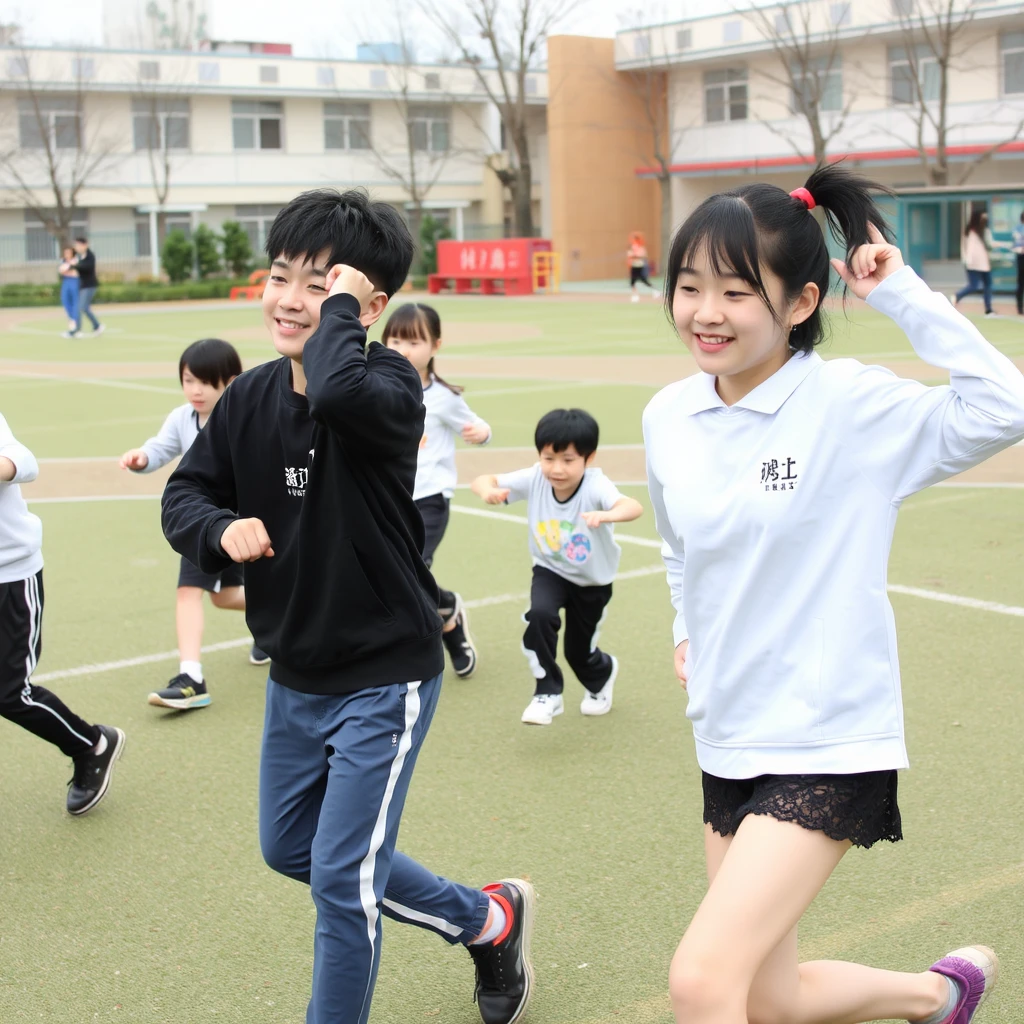 On the playground at school, there are students exercising, and there are Chinese characters and Japanese. - Image