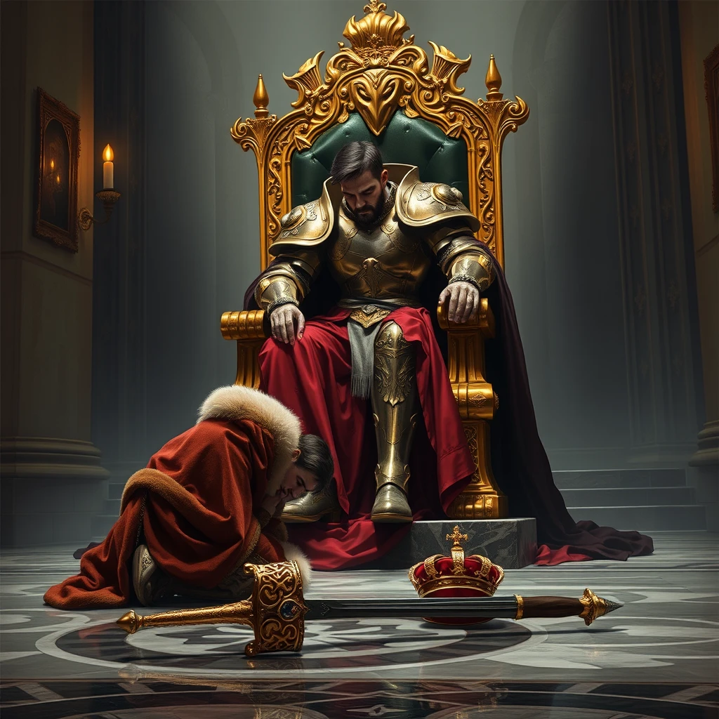 The usurper, a handsome man of undeniable strength, sits upon the golden throne with an almost casual arrogance. His heavy armor, intricately etched and polished to a gleaming sheen, reflects the flickering torchlight that dances across the vast hall. The rightful king, draped in the rich velvet and ermine of his royal robes, kneels abjectly at the foot of the throne, his head bowed in defeat. His crown, tipped askew, lies abandoned on the marble floor, reflecting the shattered remnants of his authority. The usurper's hand rests upon the pommel of his sword, a silent but potent reminder of the brutal force that brought him to this position of power. The scene is rendered with stark realism, capturing the textures of the cold stone, the rich fabrics, and the cold, hard steel of the armor. The air itself seems thick with tension, the silence heavy with the weight of the dramatic power shift. The image speaks volumes of ambition, betrayal, and the harsh realities of power in a tumultuous age.