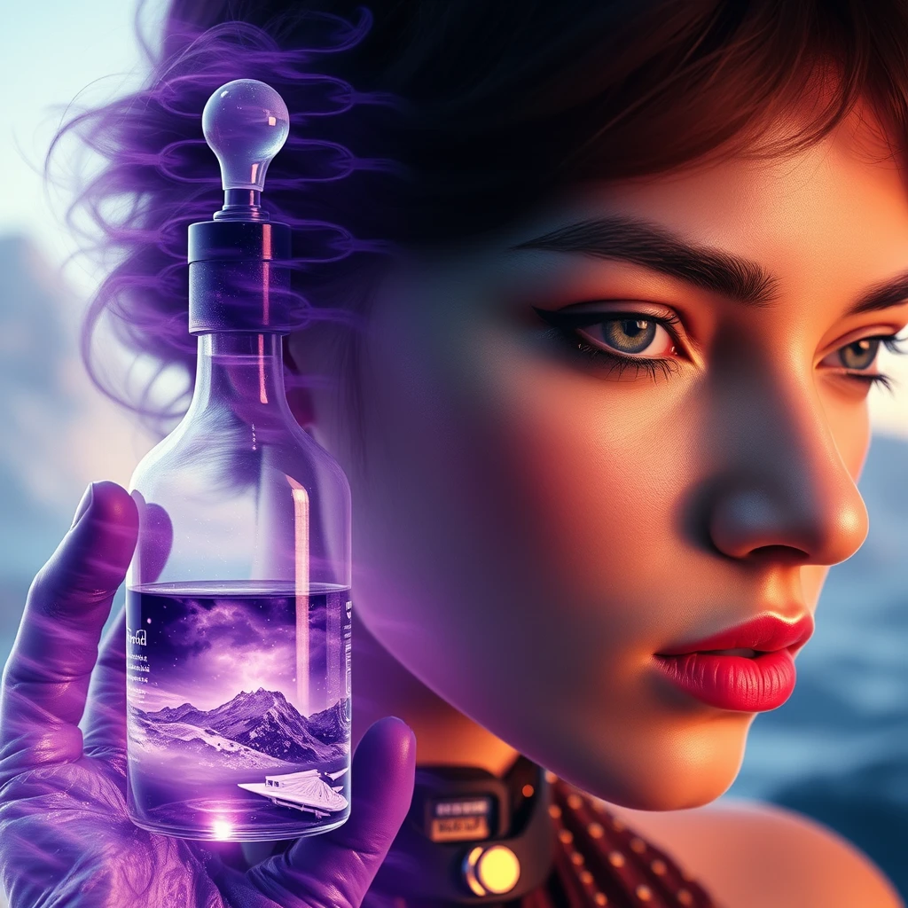 "Multiple exposure, the art of Alphonse Mucha, cosmetic glass bottle, violet, character design, rendering, biomechanics, science fiction, volumetric lighting, beautiful scenery, detailed face, dramatic colors."