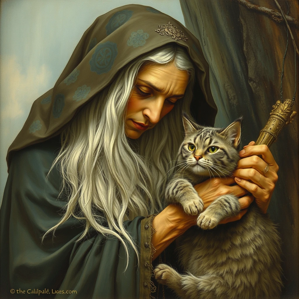 The wise old witch with her cat, old woman, long white hair. fantasy, Alan Lee, Brian Froud, Ted Nasmith, John Howe, John Bauer. - Image