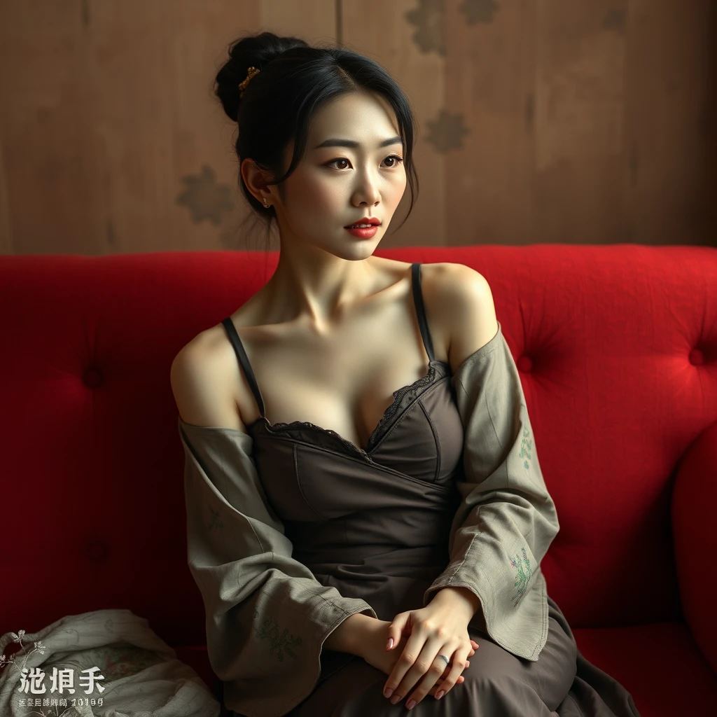 A chinese pale and gaunt lady sit on a red sofa, realistic style