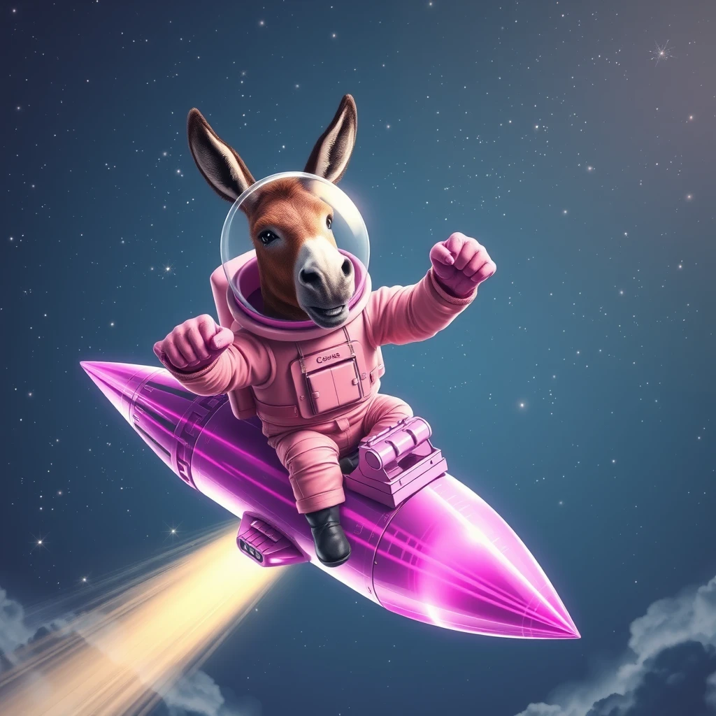 An ambitious donkey wearing pink astronaut costume, riding on a crystal light purple stunning spaceship, making a punching gesture, flying to the outerspace under a clear night sky with lots of shining stars. Realistic style. - Image