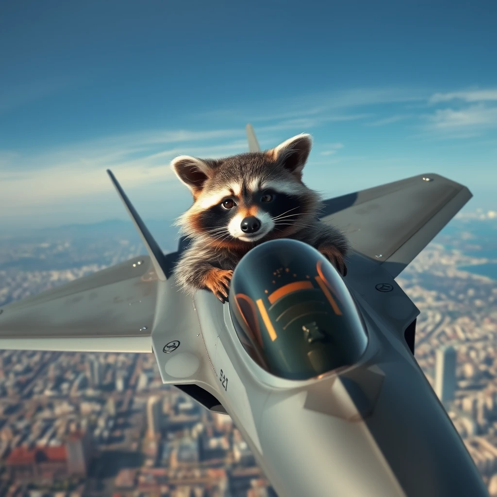 A high quality, photorealistic image of an anthropomorphized raccoon piloting an F-22 Raptor fighter jet over San Francisco.