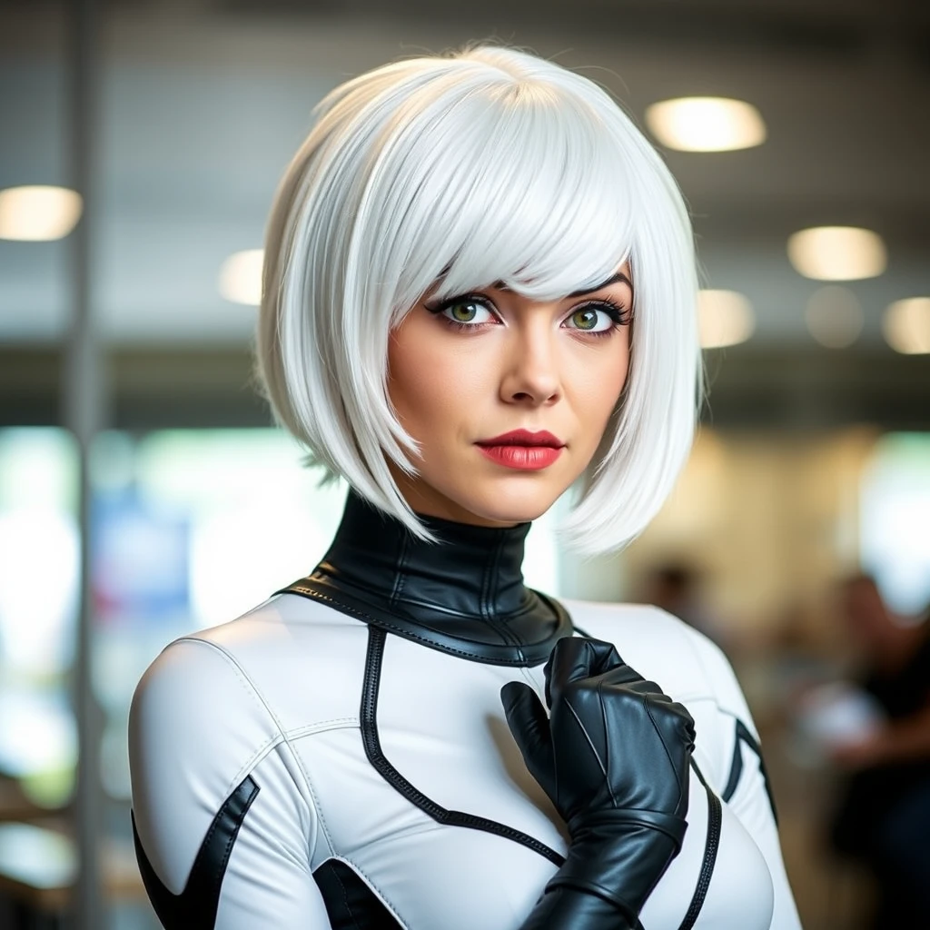 photograph of a Gwen Stacy cosplay. white-black. tight. short hair. - Image