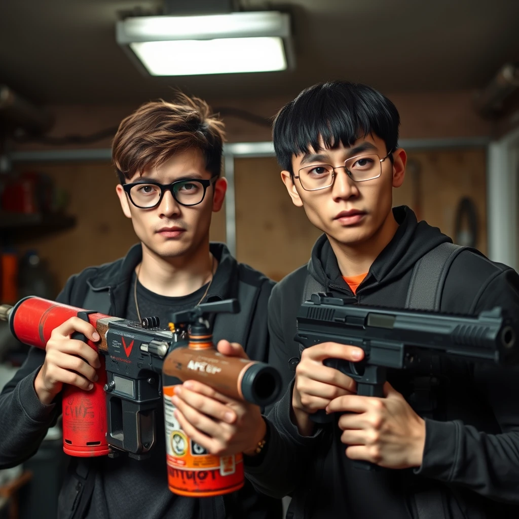 A 21-year-old very fair-skinned Italian man with round glasses and short brown hair is holding a very large fire extinguisher flamethrower. Next to him is a 21-year-old white northern Chinese man with a thin, long face, wearing square glasses and having mid/long fringe black hair, who is holding a Glock. Both appear angry and have murderous intent, in a garage setting.