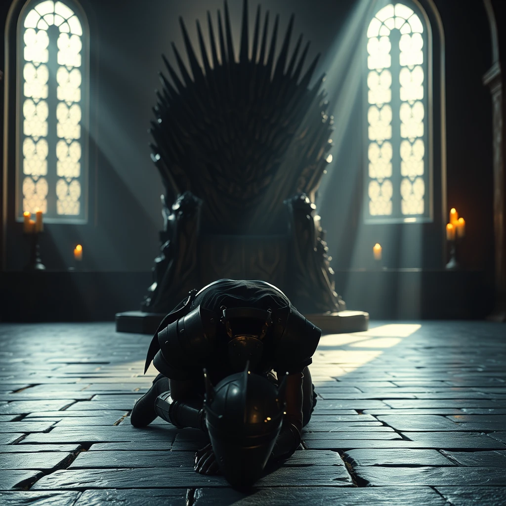 [Scene] This cinematic photograph, rich in detail and dramatic lighting, transports the viewer to a grand hall in medieval Europe. The cold, stone floor reflects the flickering candlelight that dances across the scene, casting long, dancing shadows. In the center of the composition stands a towering, iron throne, its sharp angles and unforgiving metal a symbol of power and authority.  
[Character] Before this imposing throne, a handsome, powerfully built king, clad in heavy plate armor, prostrates himself in fervent prayer. His head is bowed low, touching the cold stone floor, his armored body forming a stark silhouette against the dimly lit background. The weight of his armor and the vulnerability of his posture speak to the burden of leadership and the solemnity of his supplication.