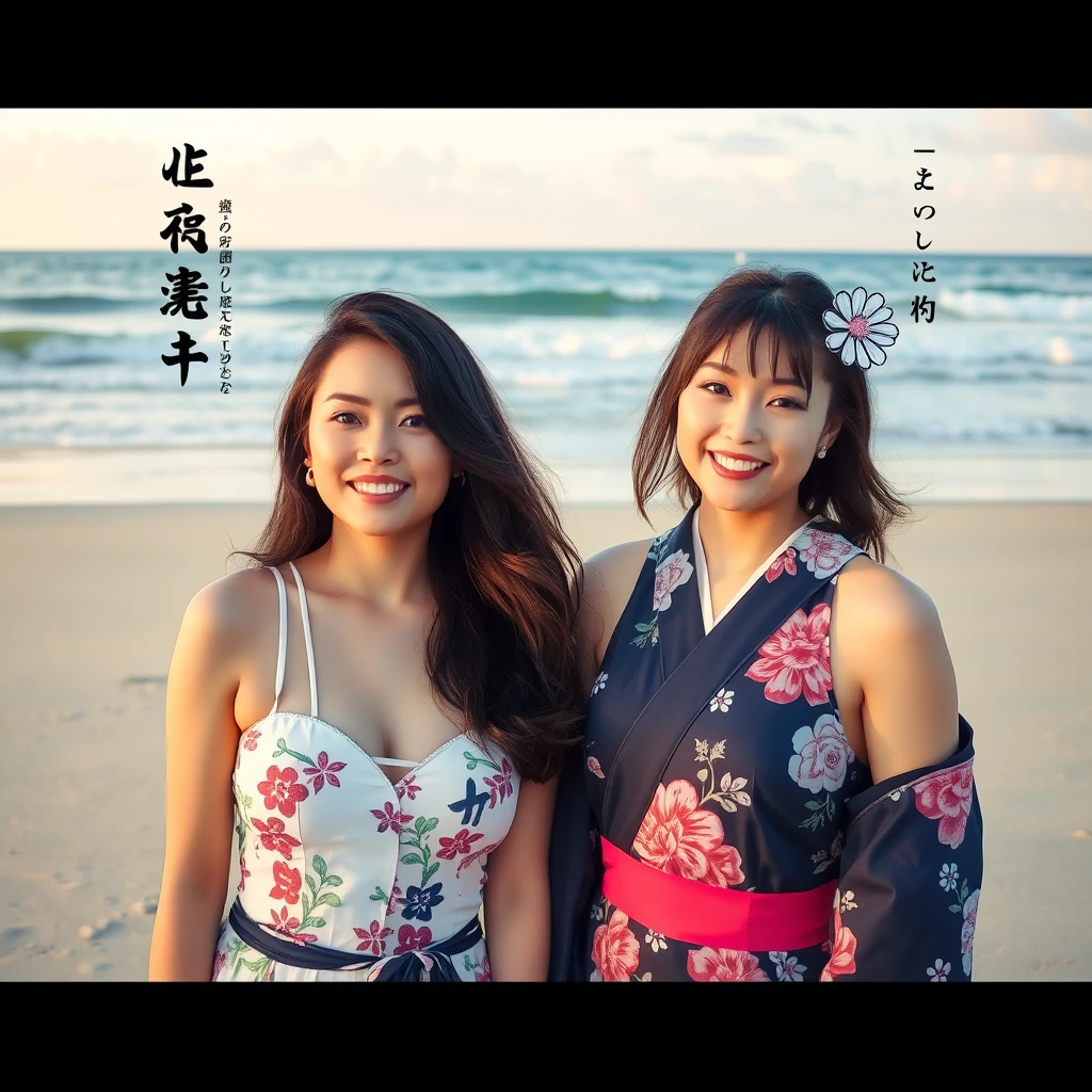 On the beach, there is an American beauty and a Japanese beauty, with Chinese characters and Japanese language.