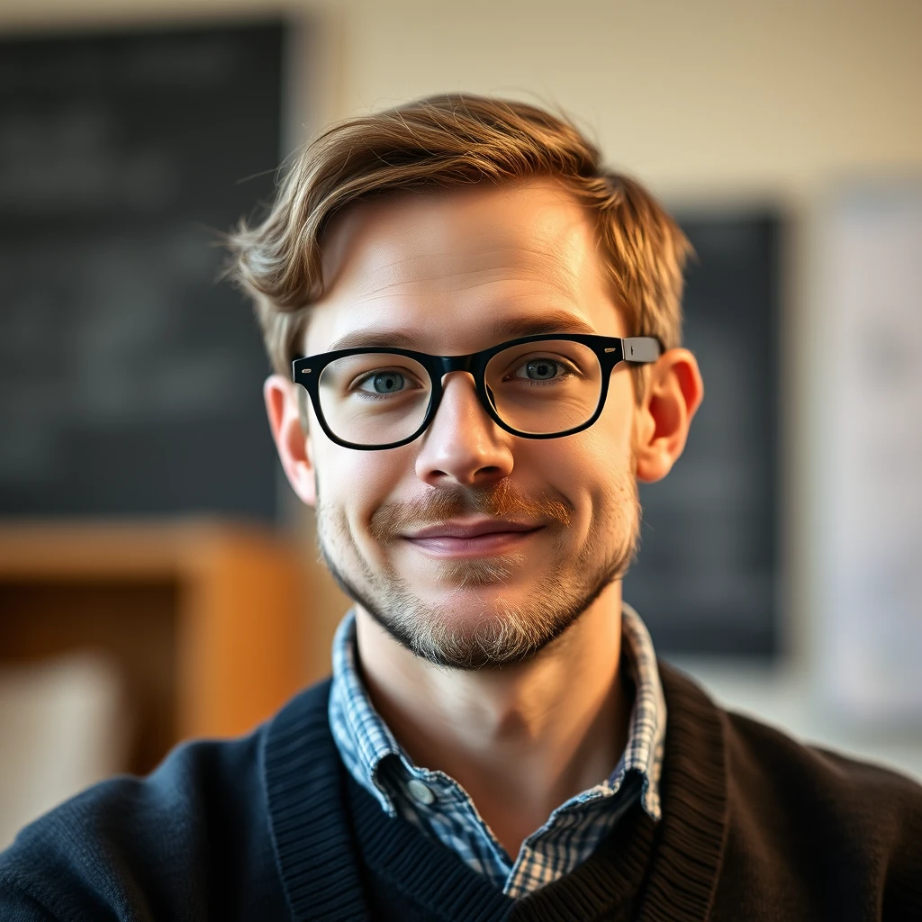 A wise young male teacher wearing glasses. - Image