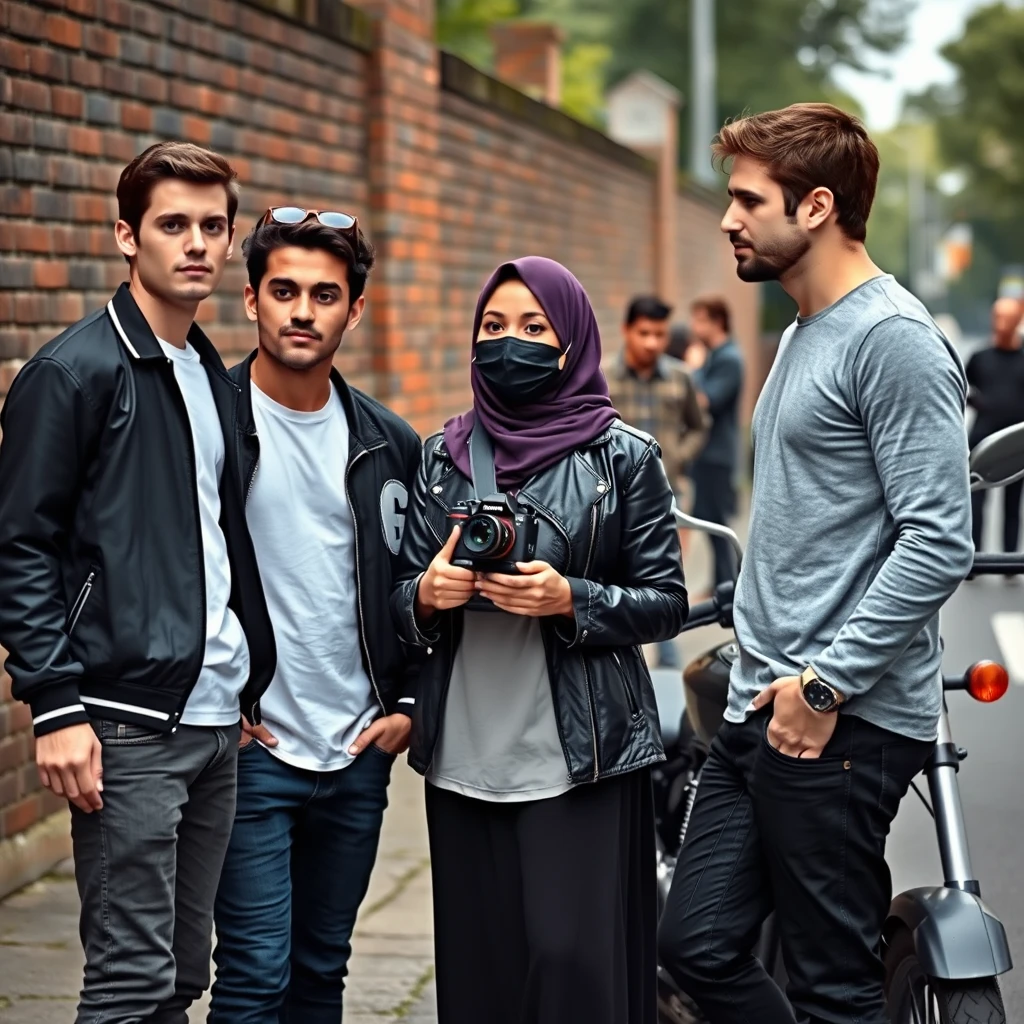 Jamie Dornan and Freddie Prinze, head and body shot, handsome, young, serious face, dark brown hair, white T-shirt, college jacket, skinny jeans, sneakers, standing, discussing with two guys and a Muslim girl wearing a short purple hijab, beautiful eyes, black face mask, black leather jacket, longest black leather skirt, holding a Canon DSLR camera, near a town road, superbike, hyper-realistic, street photography, brick wall, full body photo, three other random friends in the back.