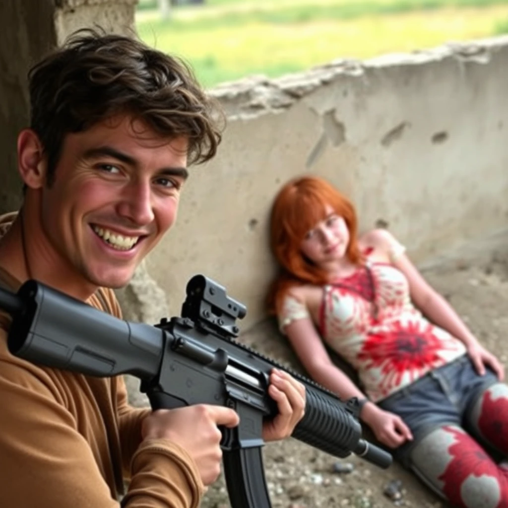 Smiling 20-year-old Italian man, reloading assault rifle while looking at the camera; young thin redhead girl slumped against a wall in the background, full of bullet holes and bleeding, in a rural setting.