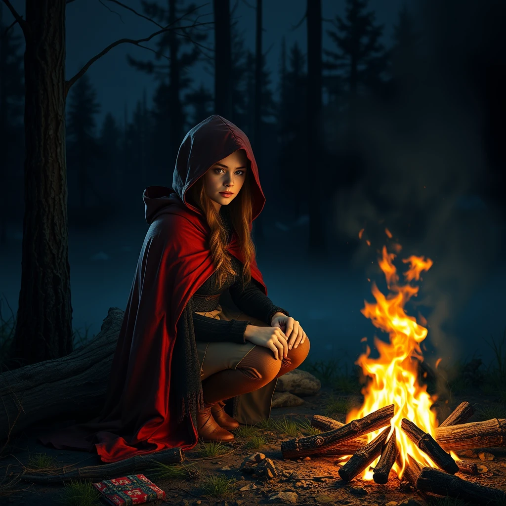 Photo realistic: Fantasy heroine with a red cloak sitting by the campfire at night. - Image