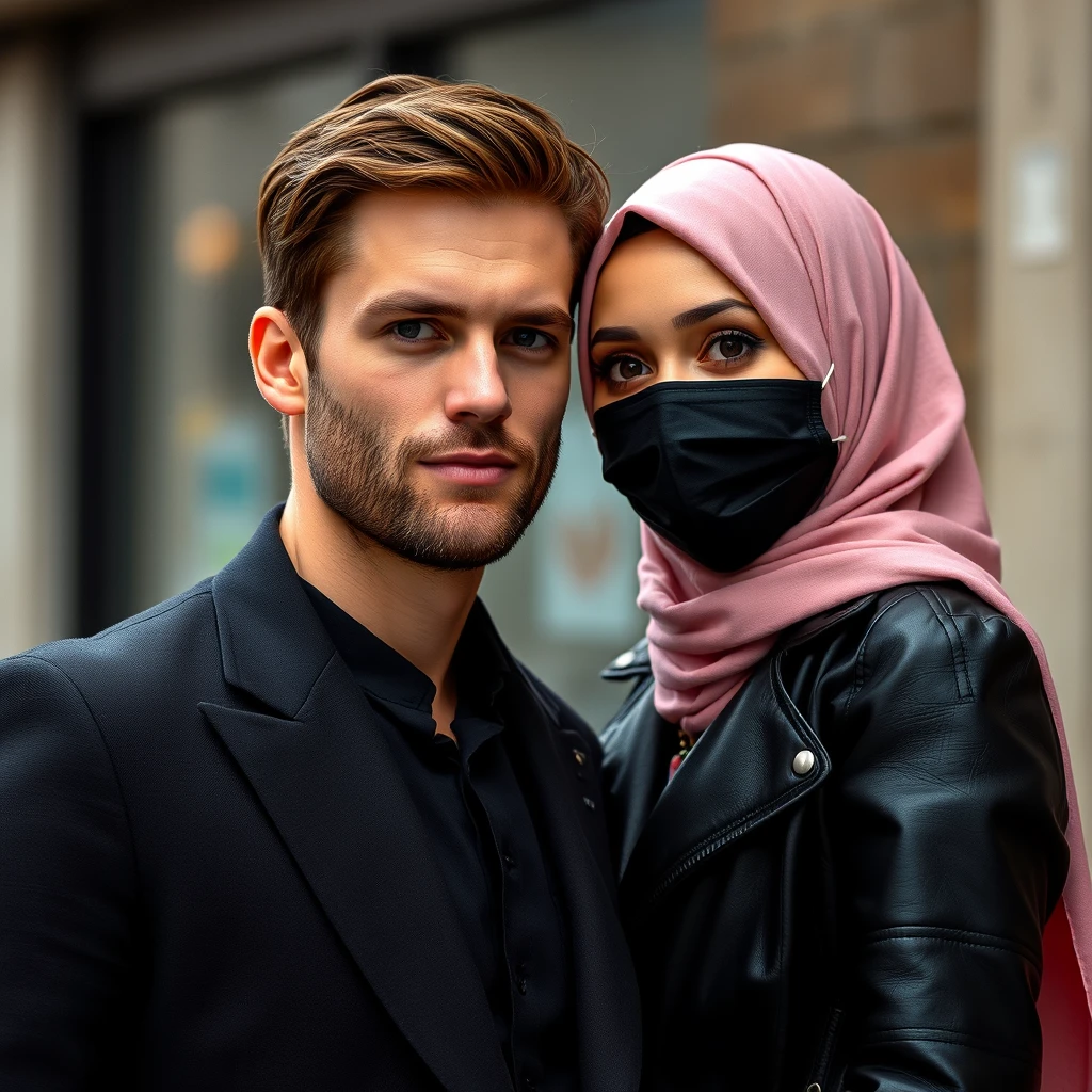 Jamie Dornan's head and body shot, handsome, young, face mask black, black coat suit unbutton, dating love with the biggest soft pink hijab girl, beautiful eyes, black leather jacket, face mask black, biggest floral skirt, hyper realistic, street photography.