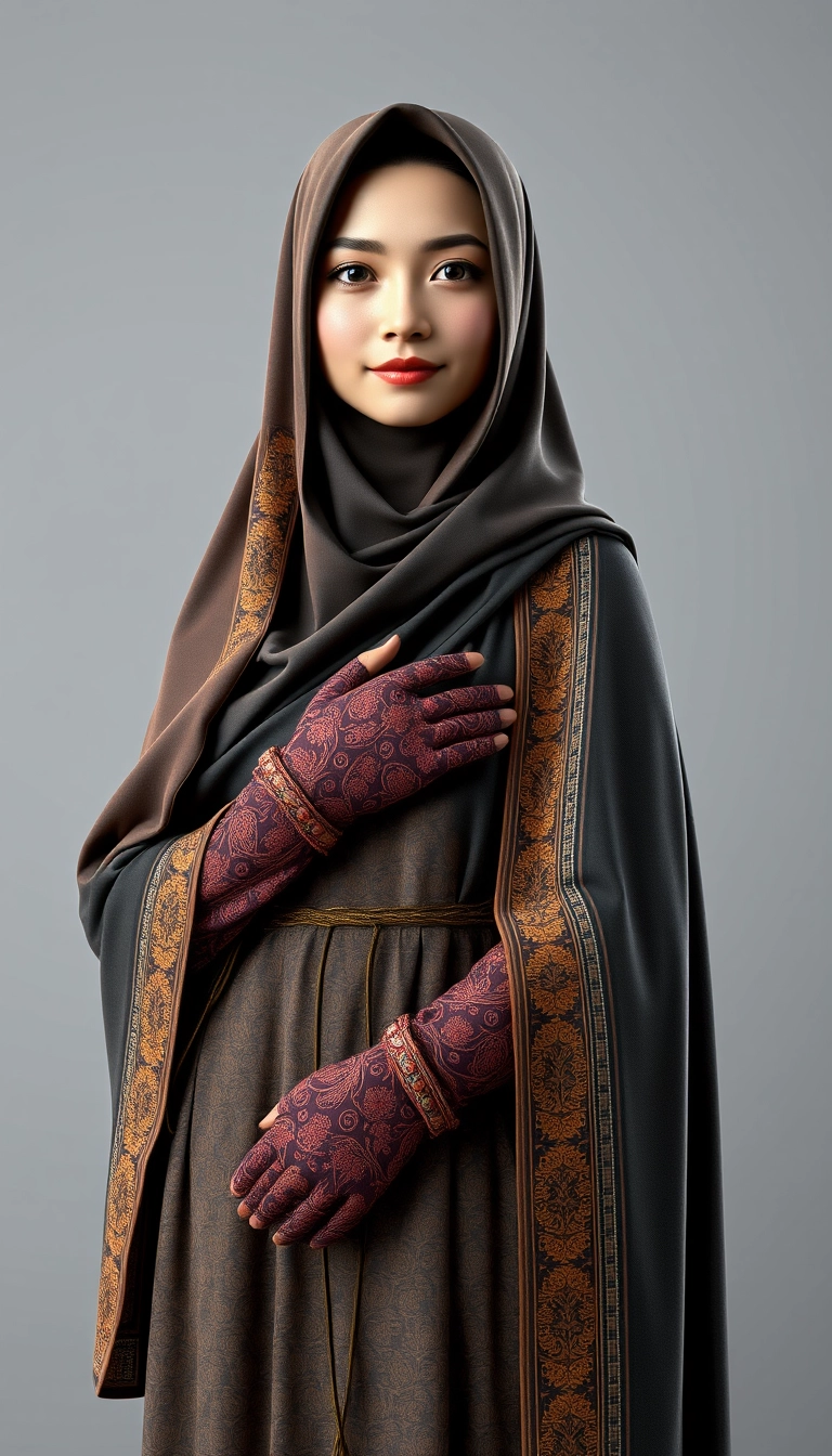 A 3D, 8k depiction of a Muslim woman from Palembang, wearing a traditional long songket and a long gown (gamis). She is adorned with a hijab that covers her chest and wears batik gloves covering her hands. - Image