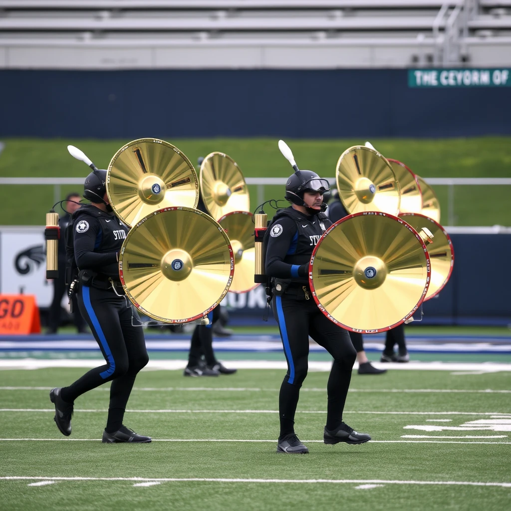 Drum corps cymbal players in scuba gear on football field. - Image