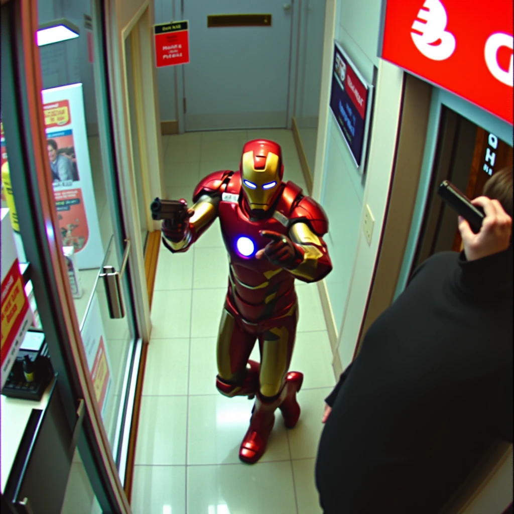 CCTV footage of Ironman robbing a bank at gunpoint. Full frame, 20mm, low quality.