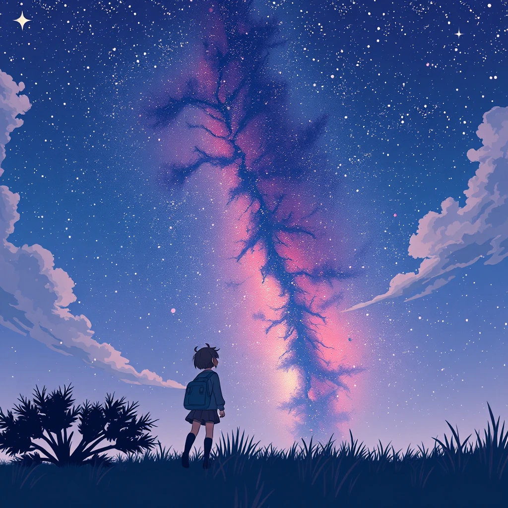 Looking up at the stars, anime style, Hayao Miyazaki style - Image