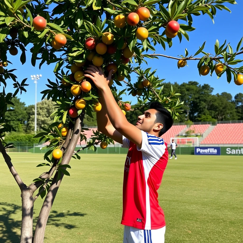 A picture of Lautaro Martinez picking up fruits from a tree in the middle of a soccer field. - Image