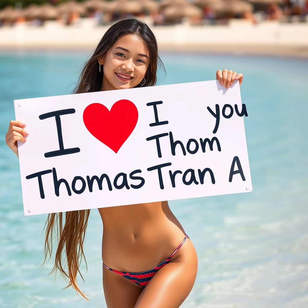 A young woman in a bikini holding a sign with the text "I love you Thomas Tran Anh." - Image