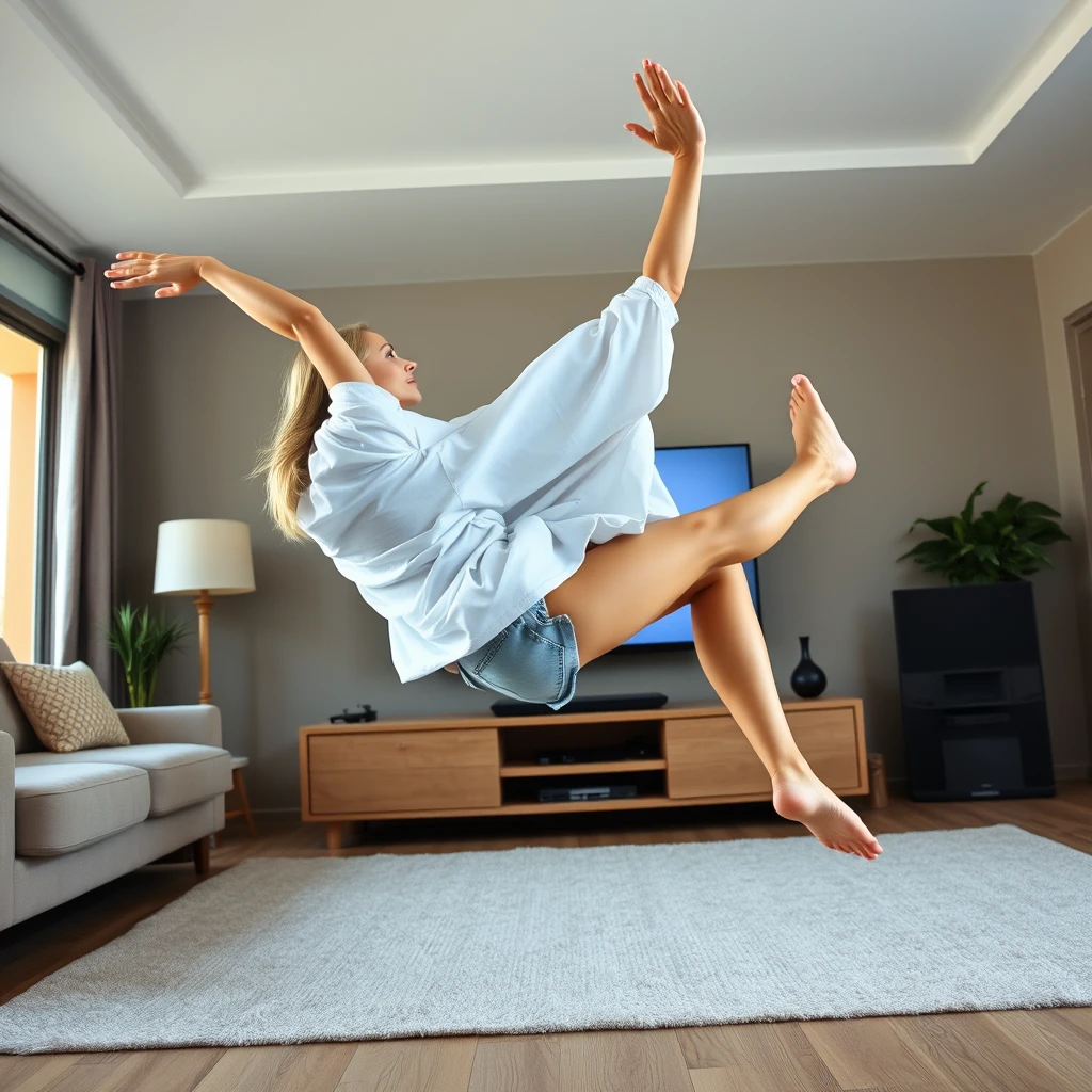 Side view angle of a skinny blonde woman in her large living room, wearing a massively oversized white t-shirt that is very unbalanced on one shoulder, along with oversized light blue denim shorts. She is barefoot, facing her TV, and diving headfirst into it with both arms raised below her head and her legs high in the air at a 60-degree angle, already halfway through the TV screen.