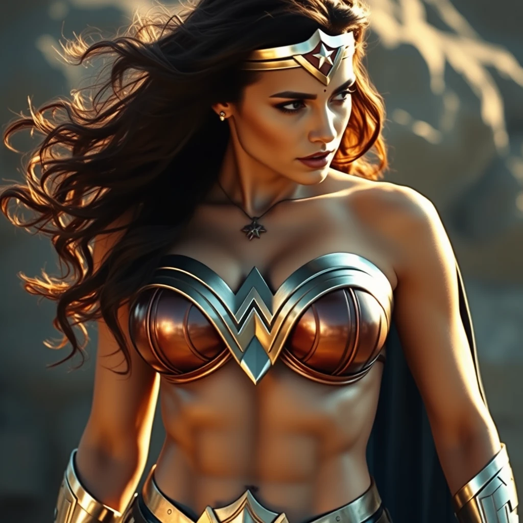 Wonder Woman with costume shredded, revealing perfect abs, shot with 50mm.