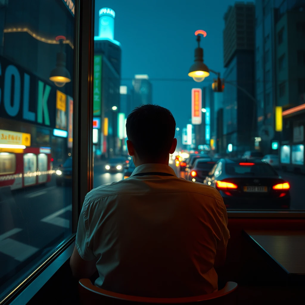 "A white-collar worker sitting with their back to the camera in a restaurant during the late-night rush hour. Outside the window is the city's night scene and traffic, captured with a wide-angle lens in a cyberpunk style."