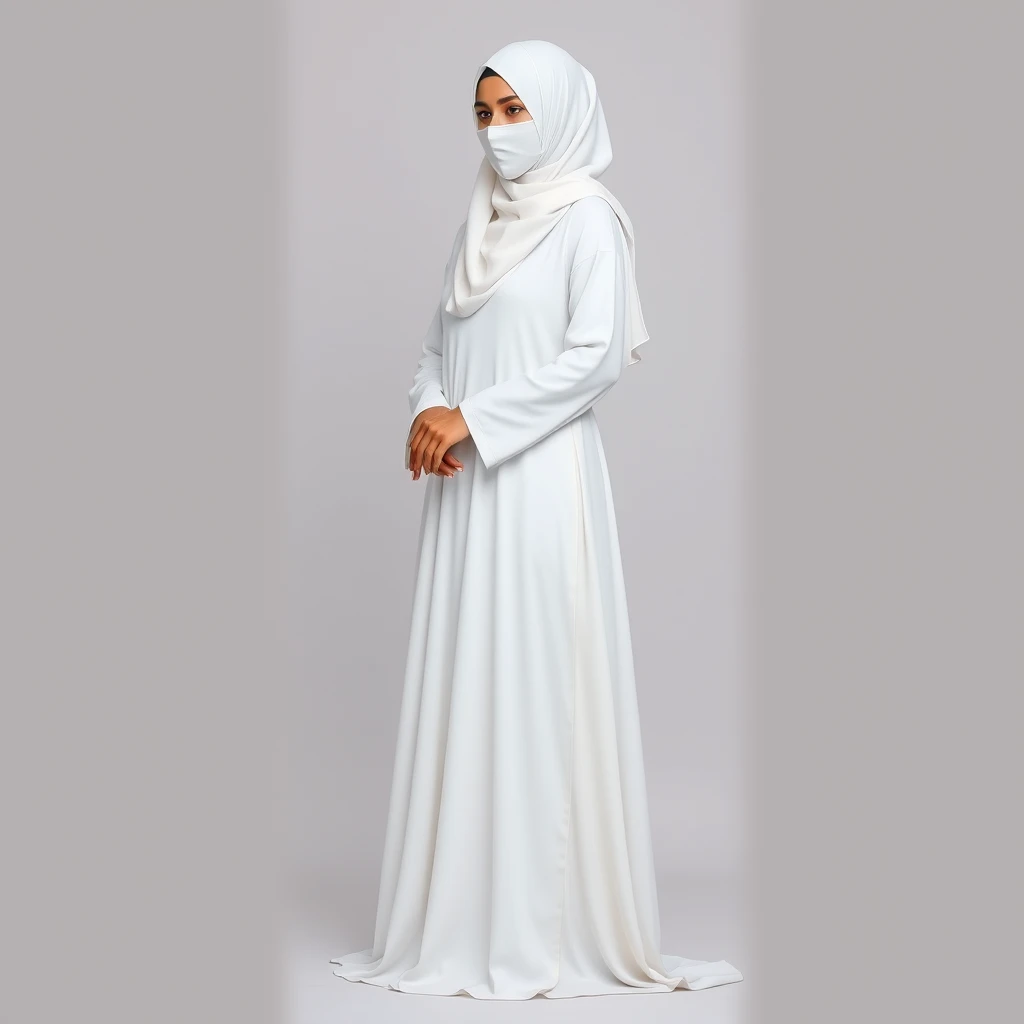 "Generate an image of a Muslim Arab woman wearing a white niqab and a long, flowing gown. The niqab should cover her face while the gown should be elegant and modest, reflecting traditional Islamic attire. The background should be neutral or softly textured to ensure the focus remains on the woman and her attire. The lighting should be soft and even to highlight the details of the niqab and gown. 8k HD" - Image