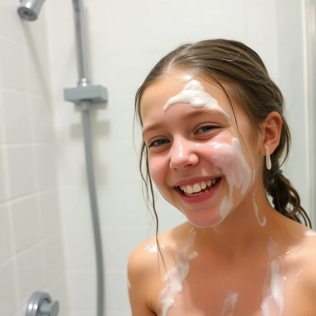 A girl smiles sheepishly in the summer camp shower room after she accidentally spurts translucent skincare goo all over her face and hair.