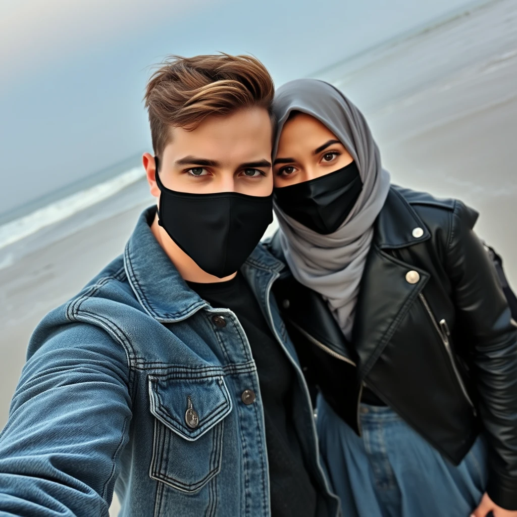 Jamie Dornan's head and body shot, handsome, face mask black, jeans jacket, jeans, dating, love couple with the biggest grey hijab Muslim girl, beautiful eyes, face mask black, black leather jacket, biggest skirt, at the beach, hyper-realistic, street photography, selfie. - Image