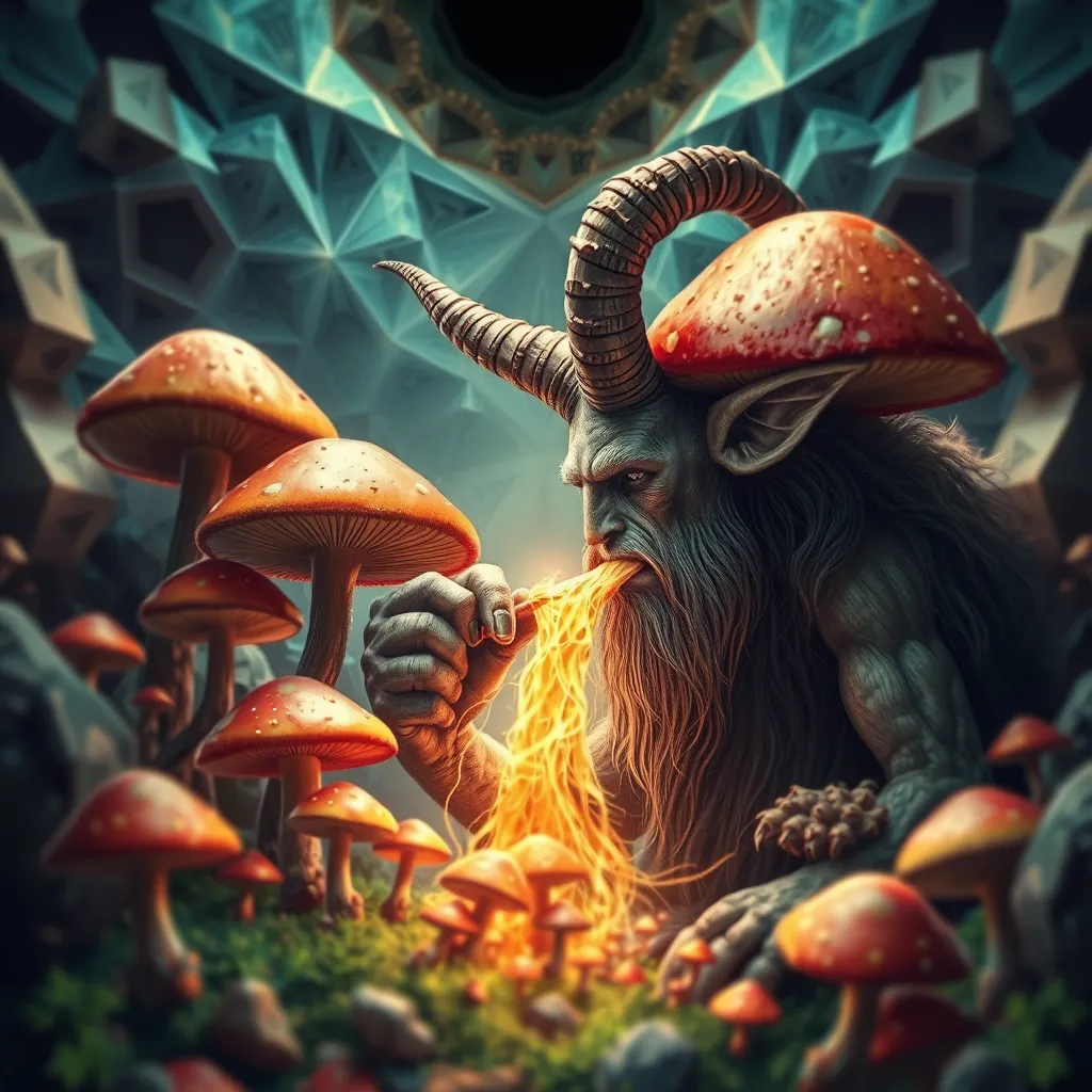 satyr eating mushrooms and breaking through to another dimension full of geometric fractal patterns, hd photography - Image