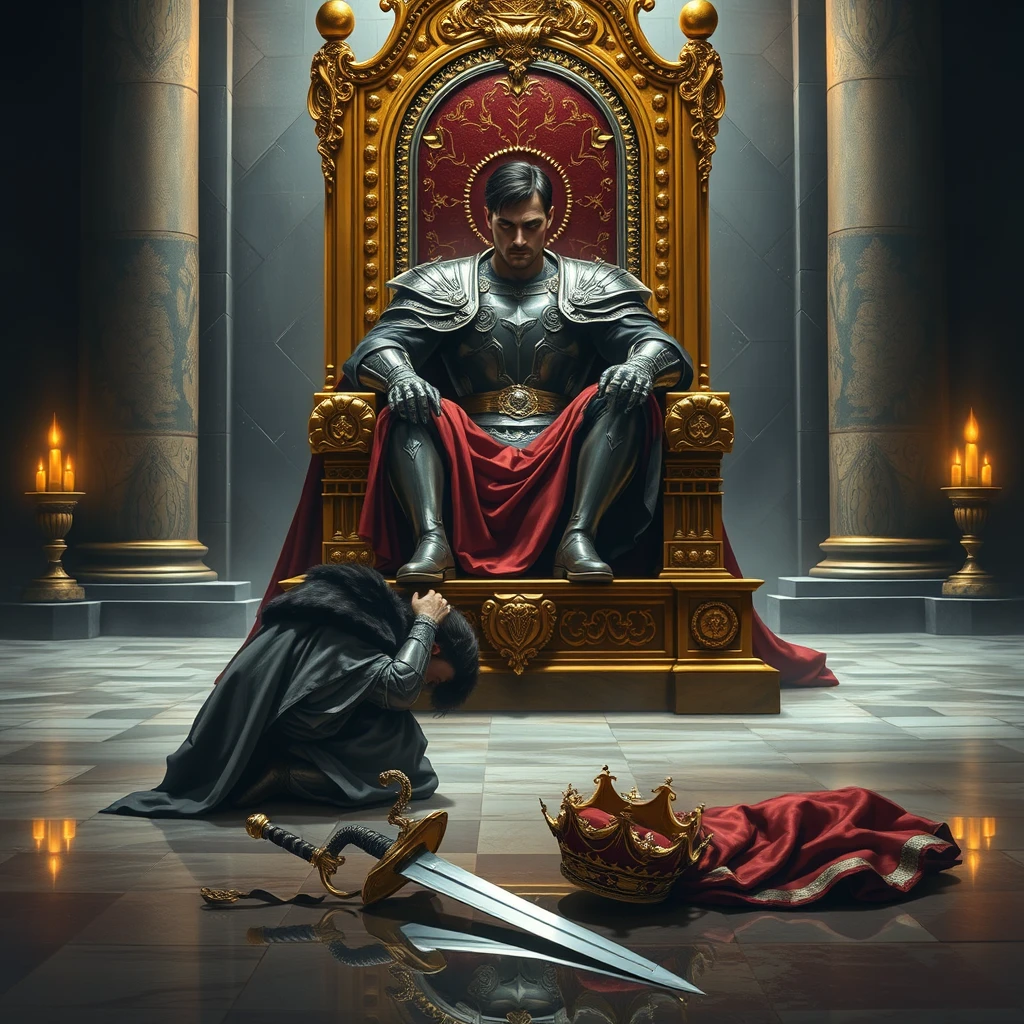 The usurper, a handsome man of undeniable strength, sits upon the golden throne with an almost casual arrogance. His heavy armor, intricately etched and polished to a gleaming sheen, reflects the flickering torchlight that dances across the vast hall. The rightful king, draped in the rich velvet and ermine of his royal robes, kneels abjectly at the foot of the throne, his head bowed in defeat. His crown, tipped askew, lies abandoned on the marble floor, reflecting the shattered remnants of his authority. The usurper's hand rests upon the pommel of his sword, a silent but potent reminder of the brutal force that brought him to this position of power. The scene is rendered with stark realism, capturing the textures of the cold stone, the rich fabrics, and the cold, hard steel of the armor. The air itself seems thick with tension, the silence heavy with the weight of the dramatic power shift. The image speaks volumes of ambition, betrayal, and the harsh realities of power in a tumultuous age. 