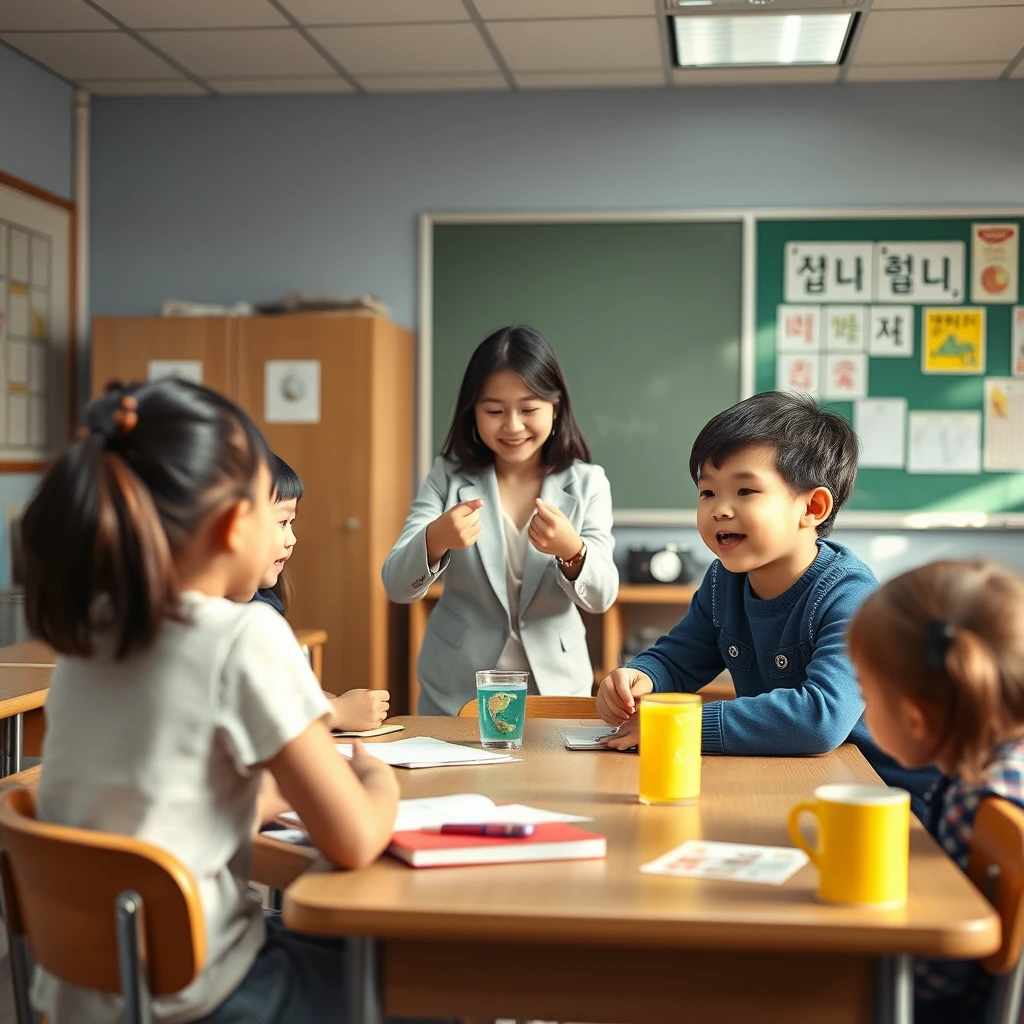 "In the classroom, during the break, there are little kids chasing and playing around in the classroom, there is a beautiful teacher, and there is Korean. There must be a beautiful teacher."