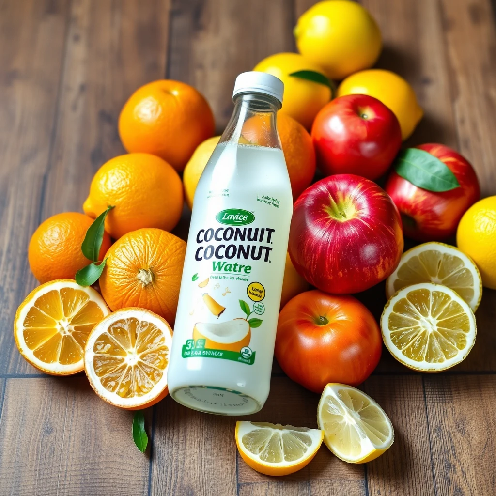 Create a realistic picture featuring a variety of fruits and a bottle of coconut water. In the image, include fresh oranges, red apples, and bright yellow lemons, all arranged naturally on a wooden table. The fruits should look juicy and ripe, with some of them sliced to show their interiors.