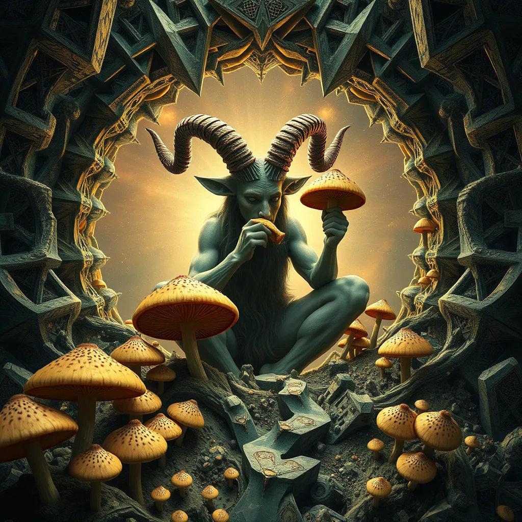 satyr eating mushrooms and breaking through to another dimension full of geometric fractal patterns, hd photography - Image