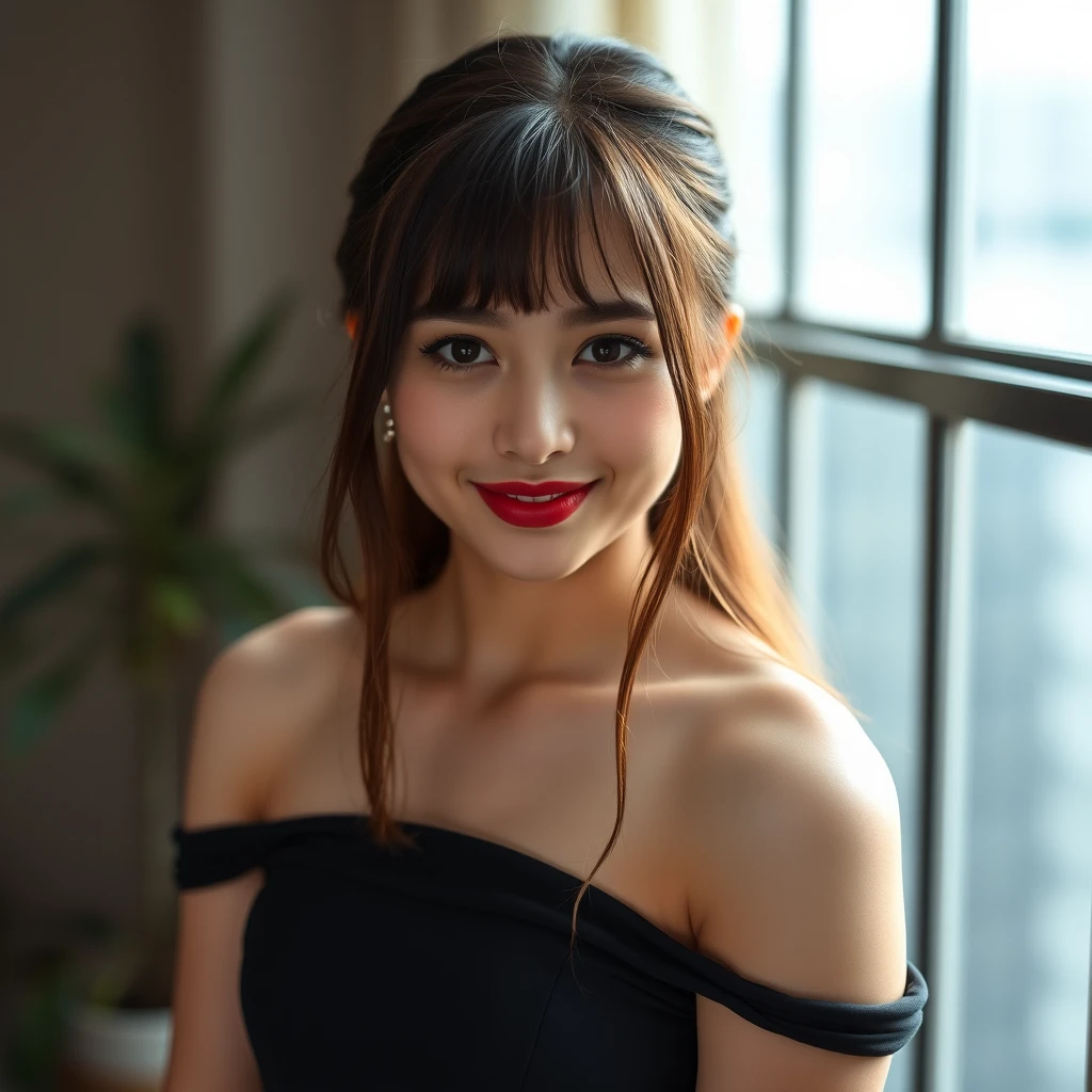 Nikon 46D photo of a pretty, cute, 19-year-old emo woman, strapless off-the-shoulder top, embarrassed smile, full lips, button nose, big eyes, slim figure, strapless gown, sharp focus, shallow depth of field.