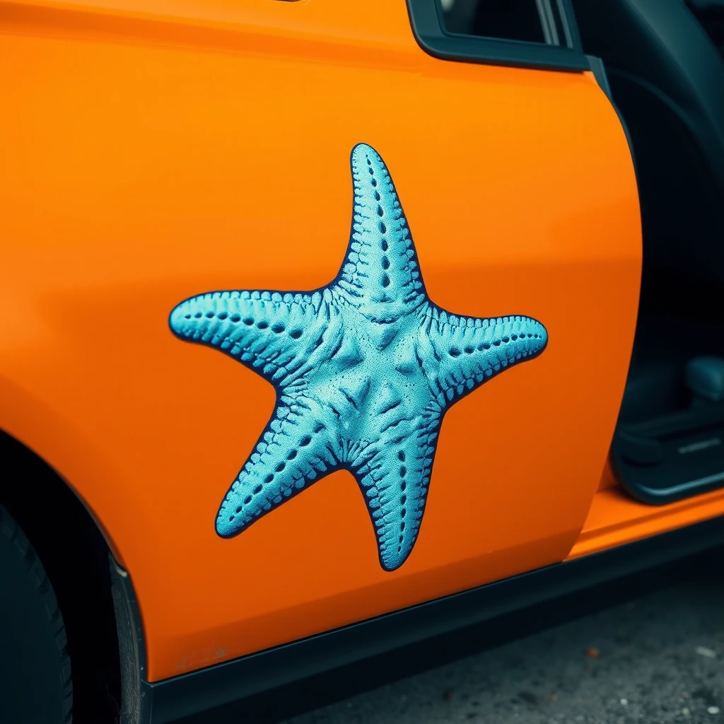 photorealist orange car with the image of a blue five-pointed starfish on the driver-side door - Image