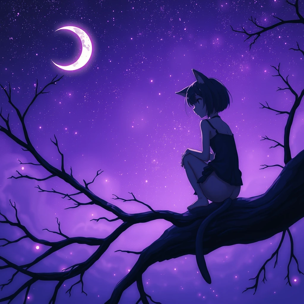 _anime, realistic, detailed background, masterpiece, best quality, 1 girl, mixed Korean, Kpop idol, Surreal night scene, silhouette of a cat girl sitting on a tree branch, crescent moon in the sky, purple hues, starry night, dreamlike atmosphere, glowing edges, mystical, high contrast, ethereal light, detailed textures, whimsical,