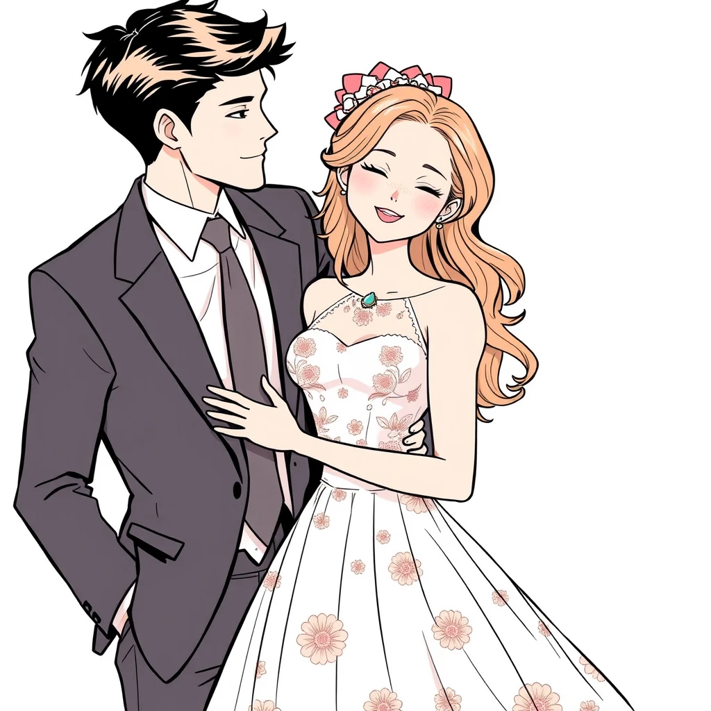 couple, hug, comic lineart, daily life, lolita dress, formal suit, tall and handsome