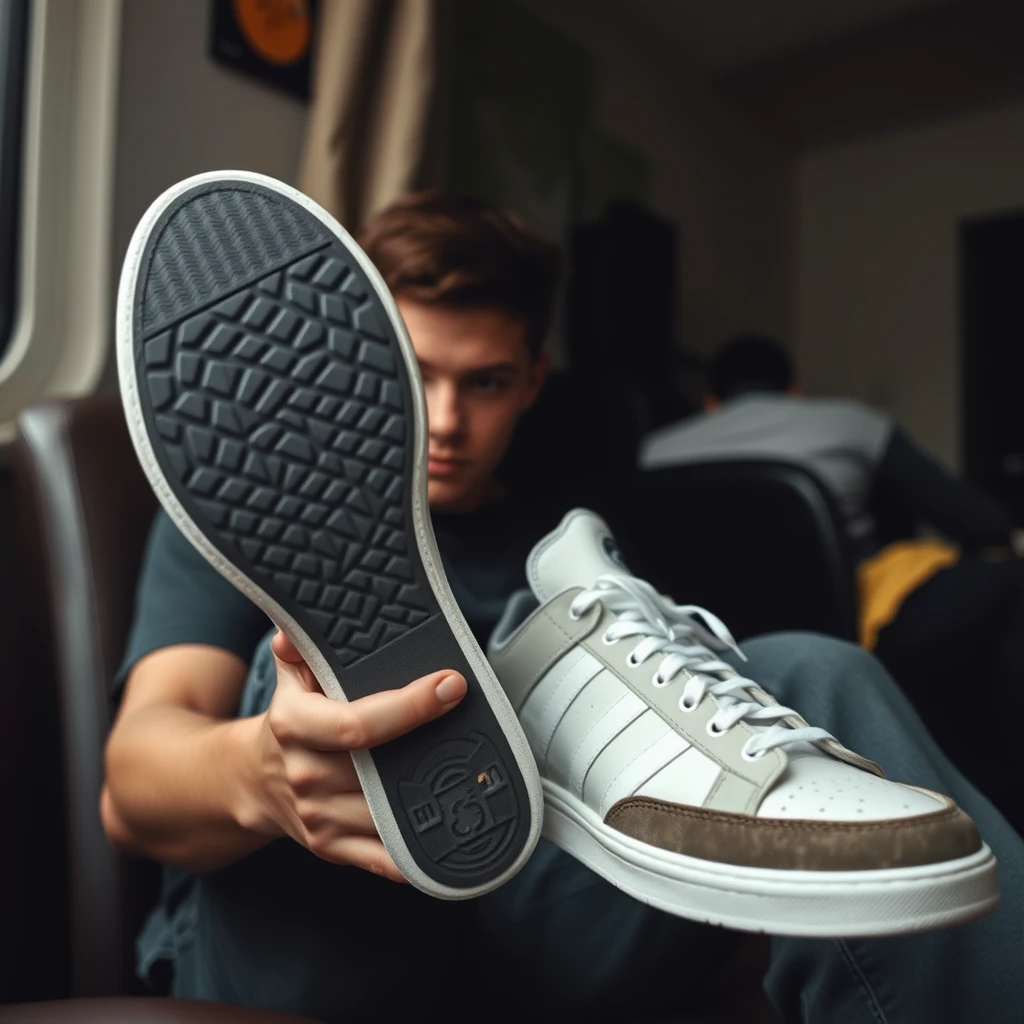 A boy is sitting, showing the sole of his sneaker to me, flipping off, violent, findom cash master, bad master boys. - Image