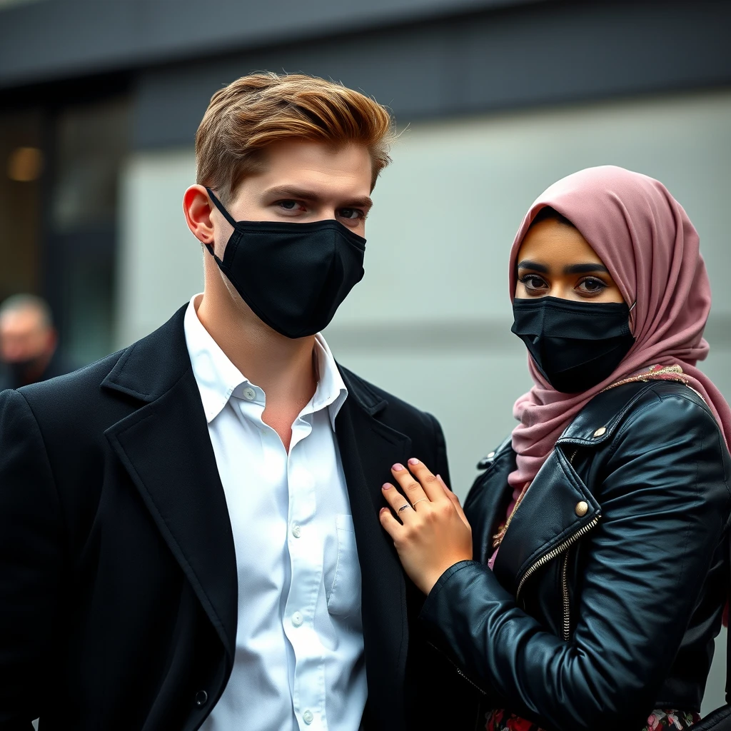 Jamie Dornan's head and body shot, handsome, young, wearing a black face mask, white shirt half-buttoned, black coat suit, dating a beautiful girl in a big soft pink hijab, with beautiful eyes, wearing a black leather jacket, a black face mask, and the biggest floral skirt, hyper-realistic, street photography.