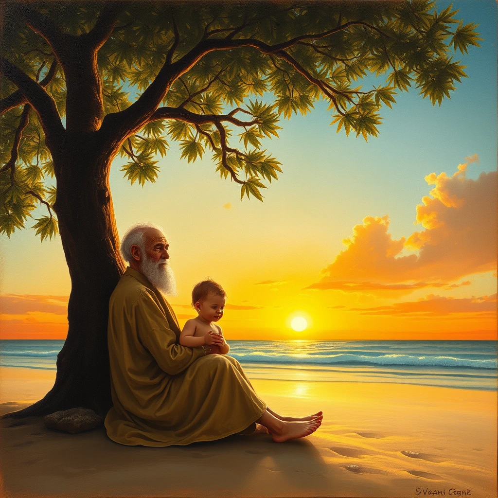 A painting in the style of da Vinci: an old man with his grandchild sitting on a beach at sunset under a tree. - Image