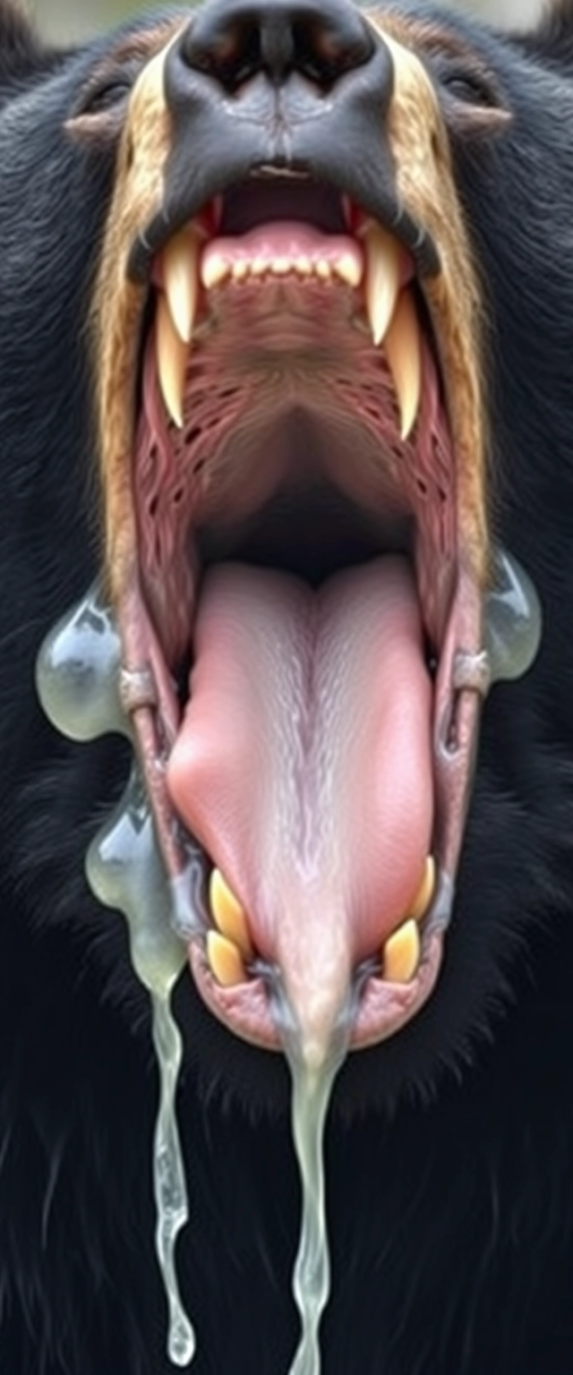 The black bear opened its big mouth, revealing very sharp teeth; all the teeth were very sharp, and the entire mouth was filled with saliva, which was white in color. The saliva moistened the fur, and the veins in the oral cavity were visible, along with multiple tongues, illustrating the internal details of the throat.