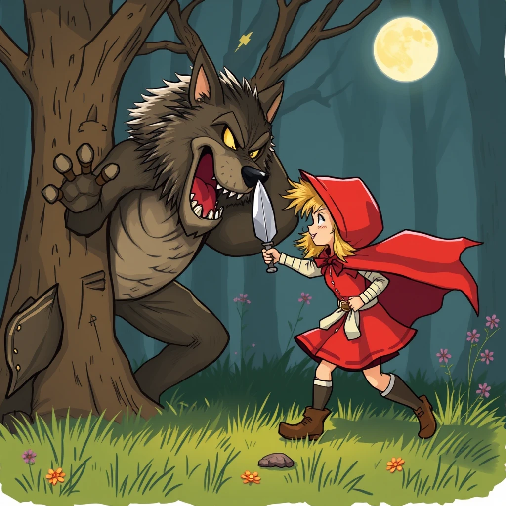 Little Red Riding Hood bravely fights the Big Bad Wolf. - Image