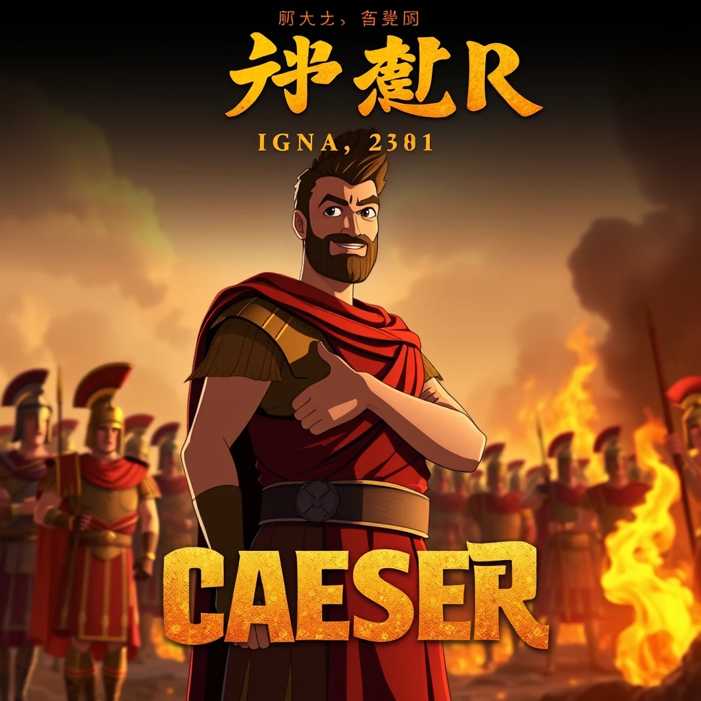 a poster of an animated series about Caeser title with "原创动画" written as title with bold letters as giant text, full body shot of Caeser in the foreground, wide shot of Roman soldiers among flames in the background


 - Image