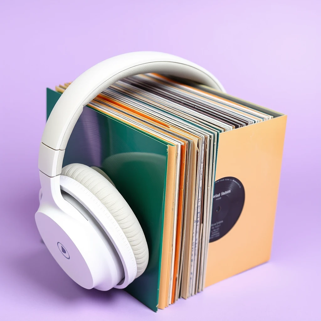 A white pair of over-ear headphones clamping together a small number of vinyl records. The records are in their sleeves and stand upright. Isolated against a light purple background. The photo is taken from a low angle. - Image