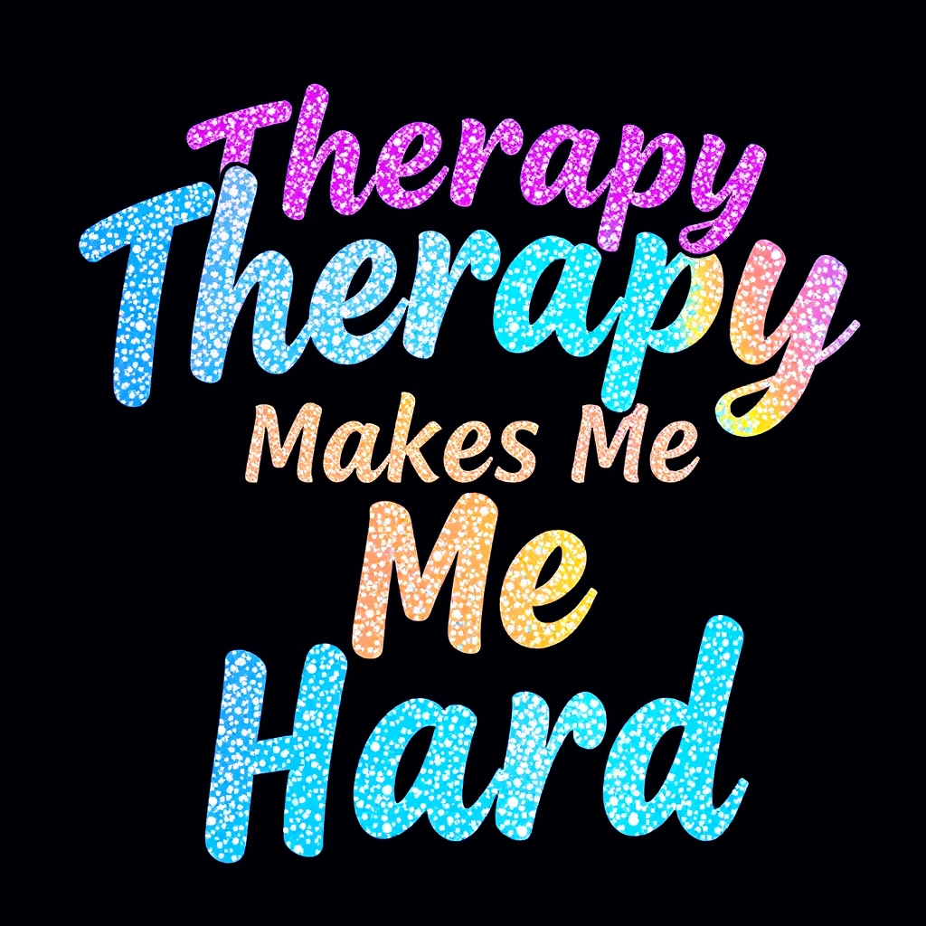 T-shirt design of fantastic vibrant glittery with an iridescent effect but ethereal text that says "Therapy Makes Me Hard".