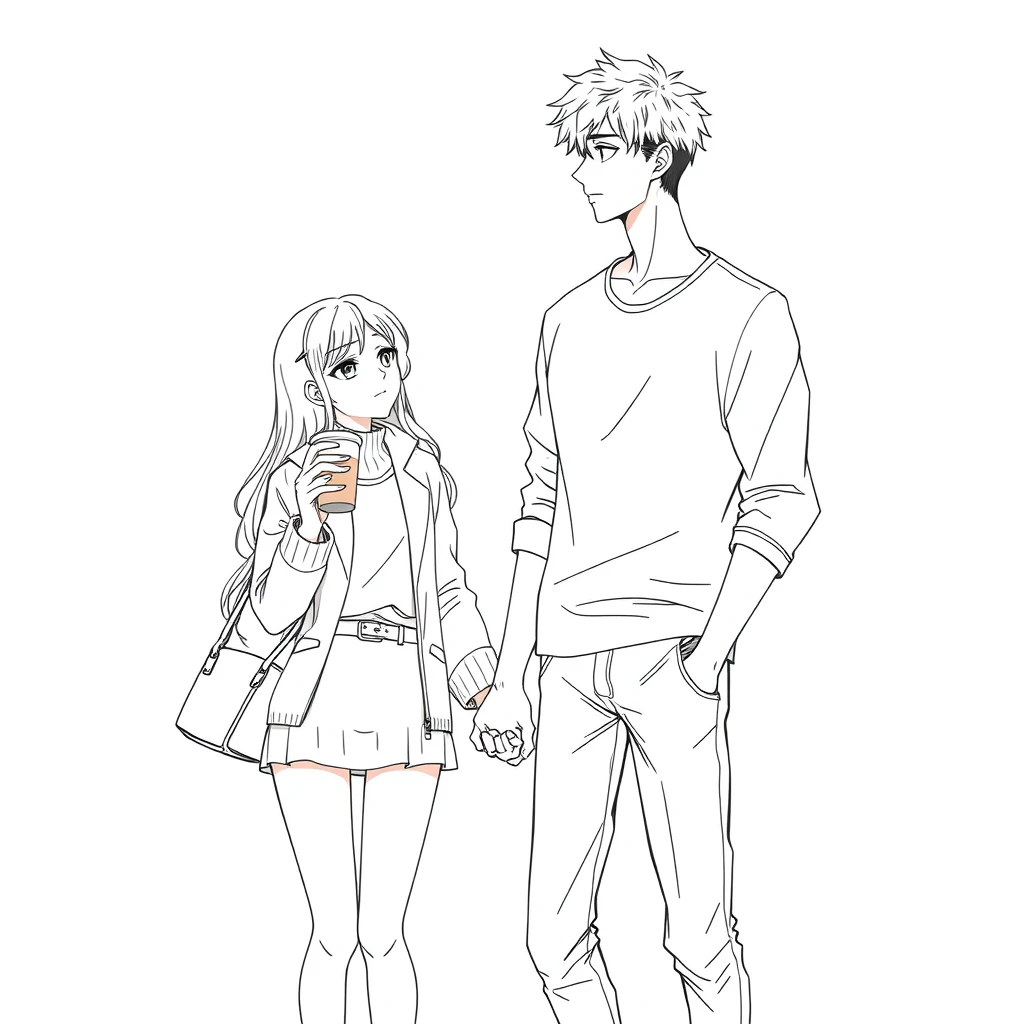 anime lineart, young woman in fashion standing with a tall handsome boy, she is leaning on the boy, simple background, cup, handbag, hand in hand, they are looking at each other and love each other.